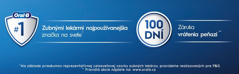 Zubnými lekármi najpoužívanejšia značka na svete* - 100 DNÍ - Záruka vrátenia peňazí** - * Na základe prieskumov reprezentatívnej celosvetovej vzorky zubných lekárov, pravidelne realizovaných pre P&G