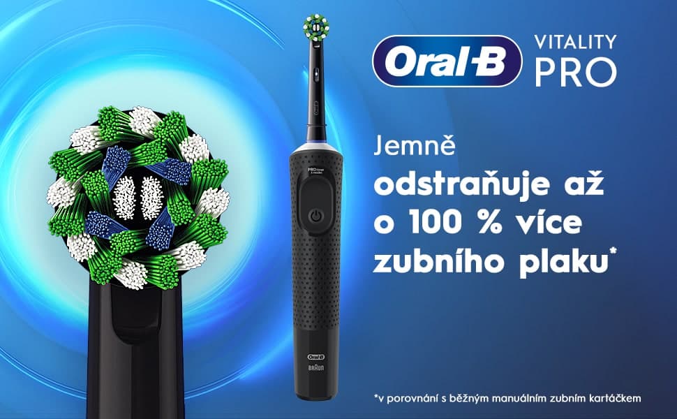 Zubní kartáček Oral-B Vitality PRO, který odstraňuje až o 100 % více zubního plaku.